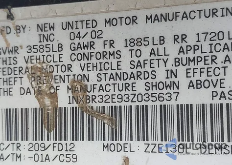 2003 Toyota Corolla S из США, поврежденный, VIN 1NXBR32E93Z035637